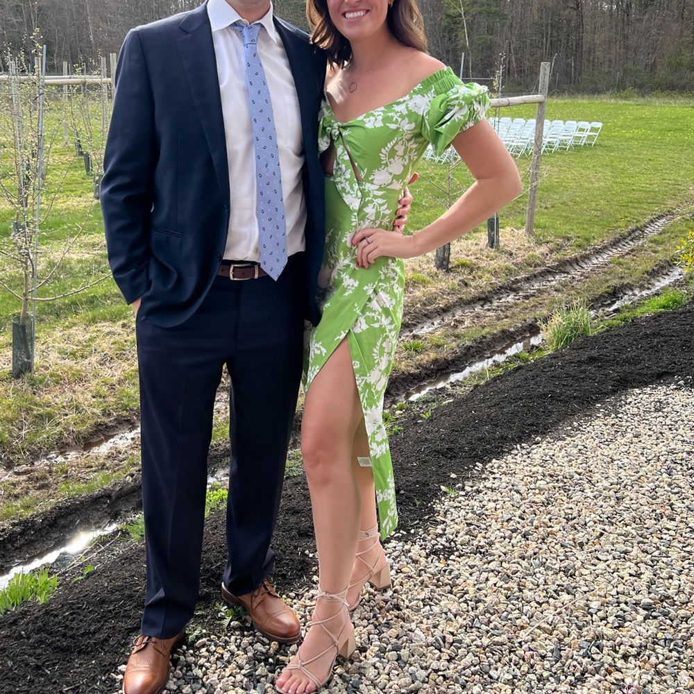 Green floral wedding guest dress